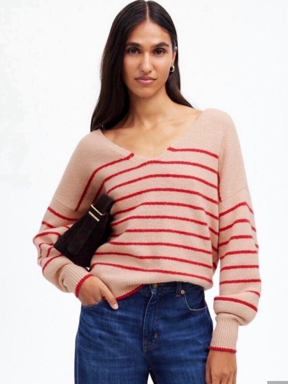 Madewell Wedged V Neck Sweater in pink blush/crimson berry stripe NWT Size Large